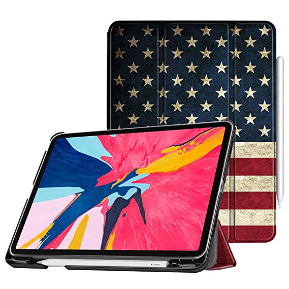 Fintie Case with Built-in Apple Pencil Holder for iPad Pro 11” 2018 [Supports Apple Pencil 2nd Gen Charging Mode] - SlimShell Stand Cover with Auto Wake/Sleep for iPad Pro 11 Inch Tablet, US Flag