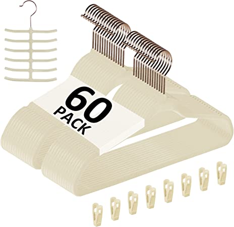 VECELO Premium Velvet Clothes Hangers Suit Heavy Duty (60 Pack)-Non Slip & Space-Saving with 8 Finger Clips & Tie Rack Excellent for Men and Women,Beige