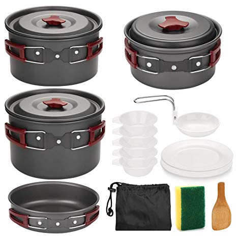 Odoland Camping Cookware Kit Non Stick Camping Pans Lightweight Cooking Set in Carry bag Hiking Campfire Backpacking Pans and Pots Gear for Trekking Hiking Picnic