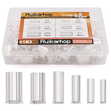 Ruikarhop 190PCS (AWG 8 6 4 2 1 2/0) 2/0-8 Gauge Wire Ferrules Kits Silver Plated Copper Crimp Connector Non Insulated Ferrules Pin Cord End Terminal