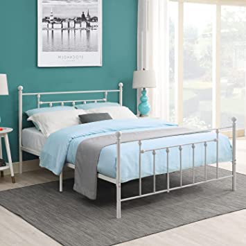 VECELO Full Size Platform Bed Frame with Headboard and Footboard, Heavy Duty Steel Slat Support / No Box Spring Needed Mattress Foundation/ Underbed Storage Space/Easy Assemble, Victorian Style, White