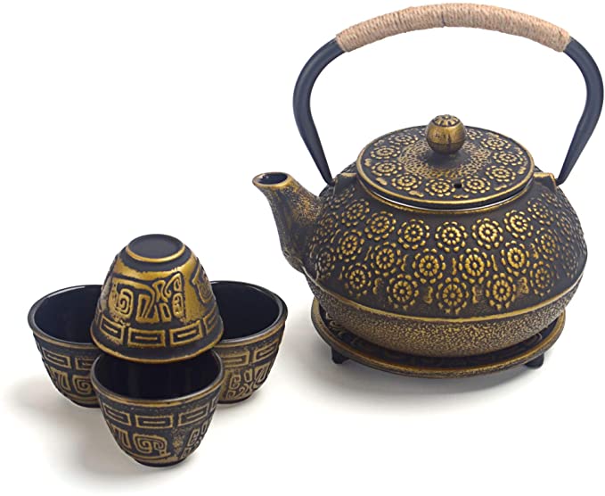 6 piece Japanese Cast Iron Teapot Tea Cup Set w/Trivet, Golden Cherry (30 oz)