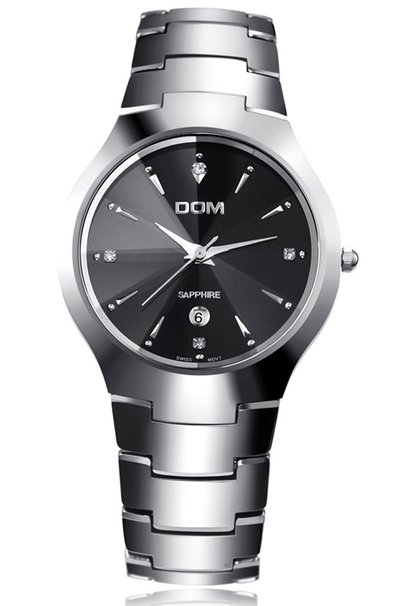 DOM Men Silver Tungsten Steel Quartz Wrist Watch