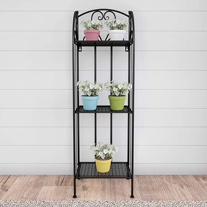 Pure Garden 50-LG1154 Plant Stand – 3-Tier Vertical Shelf Indoor or Outdoor Folding Wrought Iron Metal Home and Garden Display (Black)