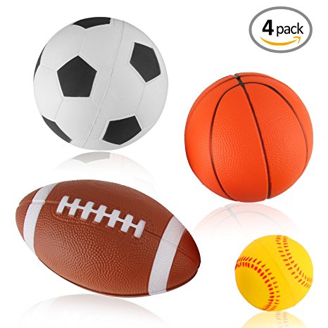 Set of 4 Soft PU Mini Sports Balls for Kids (Football, Basketball, Soccer, Baseball) by Liberty Imports