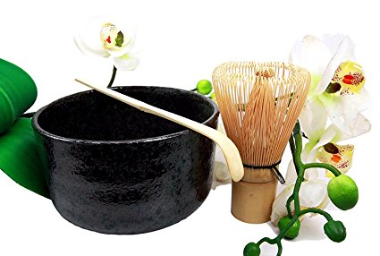 Atlantic Collectibles Traditional Japanese Black Matcha Tea Ceremony Set With Wooden Whisk and Spoon 16oz