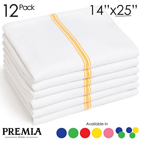 Dish Towels (12 Units) • Commercial Kitchen Towel • Absorbent 100% Cotton Herringbone (14"x25") • Commercial Quality: 24 oz/dz • Premia Classic Tea Towels in Yellow Stripes • Low Lint