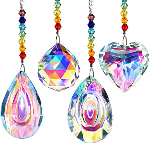 Mudder 4 Pieces Crystal Suncatcher Colorful Crystal Chandelier Pendant Dragonfly Rainbow Create Hanging Ornament Chakra Wall Hanging Tree Window Prism Ornament for Christmas Wedding Plants Cars Decor