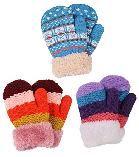 Arctic Paw 3 Pairs Kids' Sherpa Lined Knit Mittens Boys Girls Winter Gloves