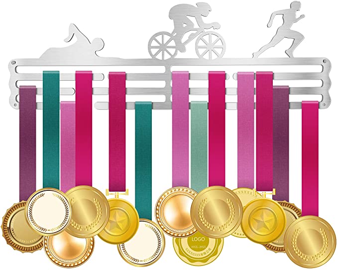 ULwysd Medal Holder, Medals Display Hanger Rack for Over 50 Medals – Brushed Stainless Steel Wall Mount Swim Bike Run Easy to Install Race Runner Medal Frame