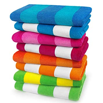 Kaufman – 100% Cotton Velour Striped Candy Colors Beach & Pool Towel 8-Pack – 30in x 60in