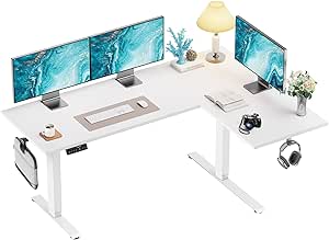 HUANUO L-Shaped Standing Desk, 71 x 48 inch Dual Motor Corner Standing Desk, Electric Height Adjustable Computer Desk with Cable Tray & 3 Preset Heights, Raising Desk for Home Office, White, HNESD110