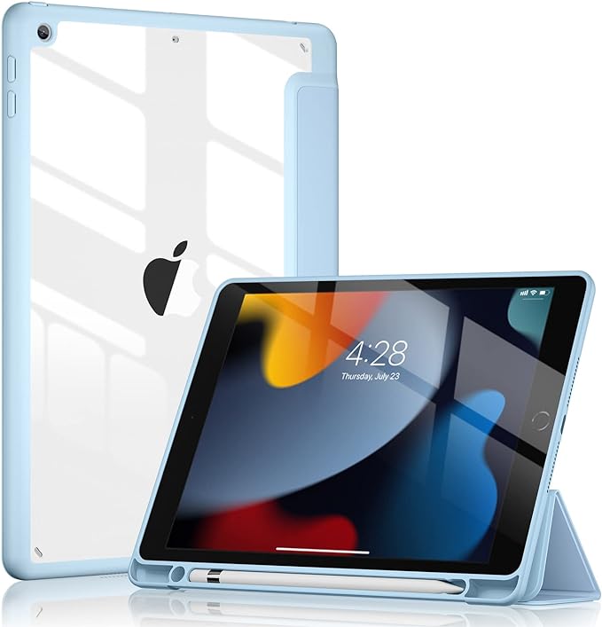 Soke Ultra Hybrid Case for iPad 9th / 8th / 7th Generation (2021/2020 / 2019) 10.2 Inch - Built-in Pencil Holder   Auto Sleep/Wake   Camera Protection, Transparent Shockproof Back Cover, Sky Blue