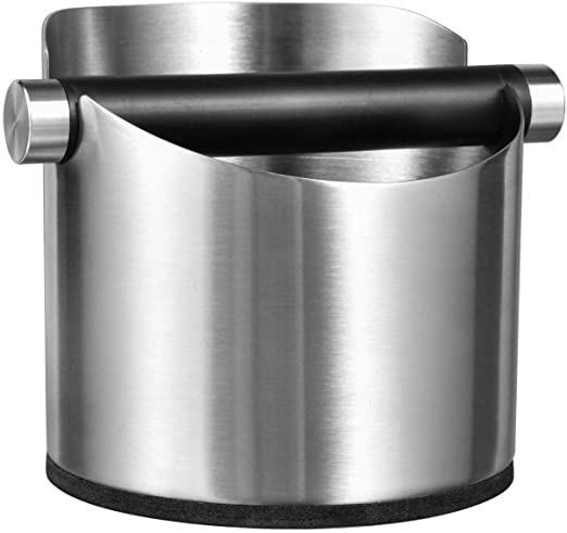 Large Size Coffee Knock Box, SANTOW Stainless Steel Construction Black Espresso Knock Box with Removable Knock Bar and Non-Slip Base (Silver)