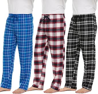 Pajama Pants for Men - 3 Pack Pajama Bottoms - Cotton Blend Flannel Plaid Lounge Pants, Comfortable PJ Pants