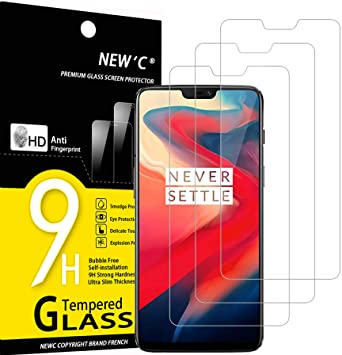 NEW'C 3 Unidades, Protector de Pantalla para OnePlus 6, Antiarañazos, Antihuellas, Sin Burbujas, Dureza 9H, 0.33 mm Ultra Transparente, Vidrio Templado Ultra Resistente