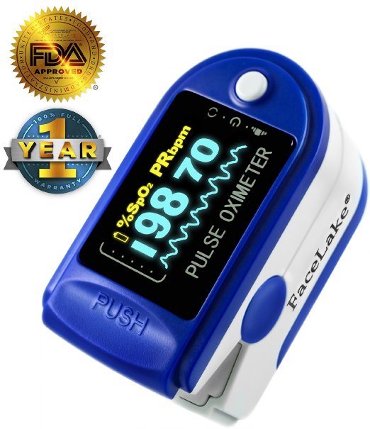 Finger Pulse Oximeter by Facelake, Model FL-350 with One-Year Warranty, FREE Carrying Case & FREE Batteries, USA Seller Blue