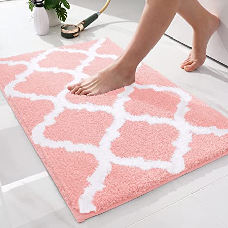 OLANLY Luxury Bathroom Rug Mat, Soft and Absorbent Microfiber Bath Rugs, Non-Slip Shaggy Bath Carpet, Machine Wash Dry, Bath Mats for Bathroom Floor, Tub and Shower, 16x24, Pink