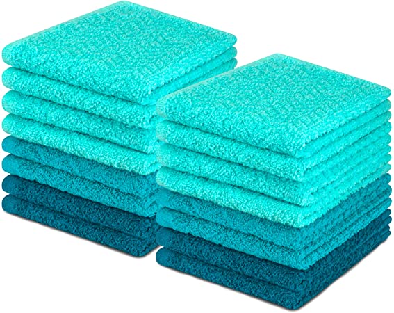 DecorRack 16 Pack Kitchen Dish Towels, 100% Cotton, 12 x 12 Inch Dish Cloths, Perfect Cleaning Cloth for Washing Dishes, Kitchen, Bar, Counter and Car, Turquoise (Pack of 16)