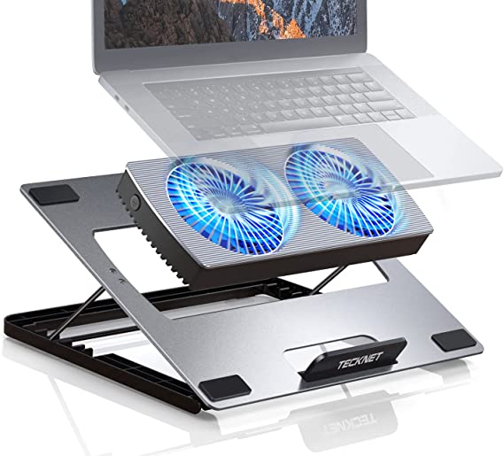 TECKNET Laptop Cooling Pad, Adjustable Aluminum Laptop Stand, Portable Ultra-Slim Quiet Laptop Cooler with 2 Separable Powerful Laptop Fans, for Business Office Laptops Within 15.6 Inches