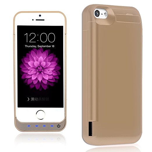 iPhone 5 / 5S / 5C / SE Battery Case,TQTHL Update [4800mAh] External Battery Backup Protective Charger Case for iPhone 5 / 5S / 5C / SE (Built-in USB Output Power Bank) LED Indicator Light - Gold