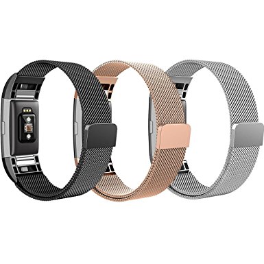 Fitbit Charge 2 Bands, SailFar 3 Pack Magnetic Clasp Mesh Loop Milanese Stainless Steel Metal Bracelet Strap/Watch Band for Fitbit Charge 2,Small, Men/Women, Gold, Silver, Black