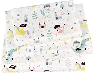 J-pinno Knight Fire Dragon Princess Unicorn Twin Sheet Set for Kids Girl Toddler,100% Cotton, Flat Sheet + Fitted Sheet + Pillowcase Bedding Set