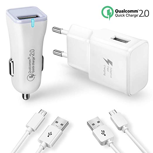 Adaptive Fast Charger 4 Pack Combo Kit - Wall Charger   Car Charge, Quick Charge Adapter Micro USB 2.0 Android Cell Phone Cable for Samsung Galaxy S6/S7 & S7 Edge, Note 4, S3 and More - White