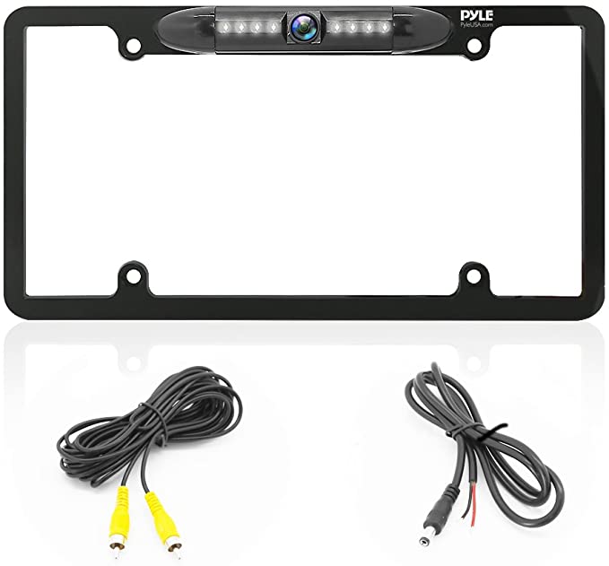 License Plate Frame Backup Camera - Built-in Distance Scale Lines Backup Parking Reverse Assist Marine Grade Waterproof IP-67 Adjustable Slim Bar Cam Night Vision w/ 420 TVL Resolution - Pyle PLCM29MS