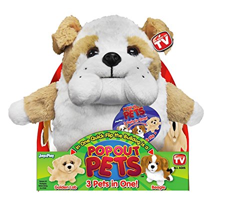 Pop Out Pets Dogs, Reversible Plush Toy, Get 3 Stuffed Animals in One - Bulldog, Golden Labrador & Beagle, 8 in.