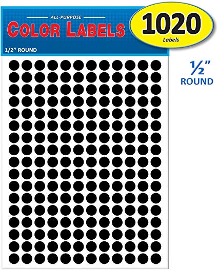 Pack of 1020 1/2" Round Color Coding Circle Dot Labels, Solid Black, 8 1/2" x 11" Sheet, 0.5 in, Fits All Laser/Inkjet Printers…