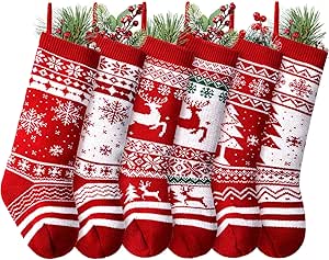 SATINIOR 6 Pack 18 Inch Large Cable Knit Christmas Stockings Reindeer Snowflakes Knitted Stocking Christmas Ornaments Hanging Rustic Stocking for Christmas Candy Gifts Decor