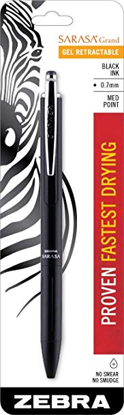 Zebra Sarasa Grand, Retractable Gel Ink Pen, Black Barrel, Medium Point, 0.7mm, Black Ink, 1-Count