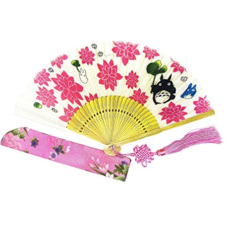 Wise Bird Mother's Day Gift Woman Lady Bamboo Silk 8" Folding Pocket Purse Hand Fan, Silk Pouches/tassel. Fashion Accessory for Wedding, Party, Dance, Home Decoration My Neighbor Totoro-f090