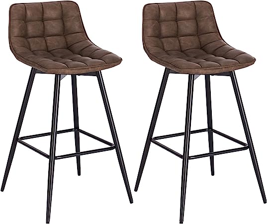 WOLTU Bar Stools Set of 2 PCS Soft Faux Leather Seat Bar Chairs Breakfast Counter Kitchen Chairs Metal Legs Barstools Brown High Stools with Backrests & Footrests