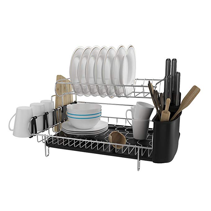 Athomestore 2 Tier Professional Dish Rack, 304 Stainless Steel Deluxe Chrome Kitchen Dish Drainer Drying Rack with Microfiber Mat & Drainboard & Cutlery Holder - Large Capacity