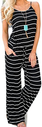 Artfish Women Casual Sleeveless Spaghetti Strap Striped Lounge Pajama Jumpsuit