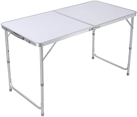 GARTIO 4FT Aluminum Folding Table, Fold-in-Half, Height Adjustable Portable Lightweight Camping Beach Dining Utility Desk, with Handles, for Indoor Outdoor Garden Picnic Party, White