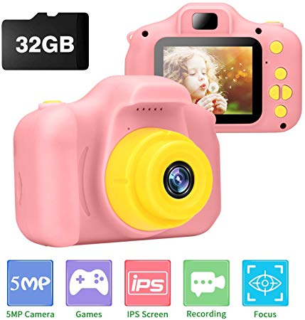 Ufinetec Kids Camera, Digital Photo & Video Toy Camera Gift for Boys and Girls Aged 4-12 Years Old, 2.0inch IPS HD Screen Shock-Proof Mini Toddler Camcorder with 32GB SD Card Included (Pink)