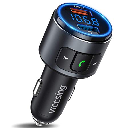 VicTsing (Upgraded Version) V5.0 Bluetooth FM Transmitter for Car, QC3.0 & LED Backlit Wireless Bluetooth FM Radio Adapter Music Player /Car Kit with Hands-Free Calls, Siri Google Assistant
