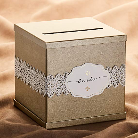 Hayley Cherie - Gold Gift Card Box with White Lace and Cards Label - Gold Textured Finish - Perfect for Weddings, Baby Showers, Birthdays, Graduations - Large Size 10" x 10"
