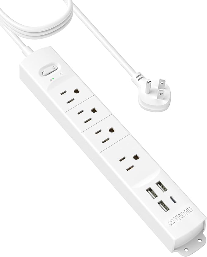 TROND 10ft Long Extension Cord USB C, Thin Flat Plug Power Bar Surge Protector, Slim Power Strip, 4 Outlets 4 USB Ports, 1440 Joules, Wall Mount for Office Accessories Dorm Room Travel Essentials