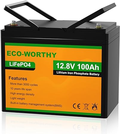 ECO-WORTHY 12V 100AH Mini Size LiFePO4 Lithium Iron Phosphate Fast Charging Battery with BMS, Up to 15000 Deep Cycles, for RV, Camping, Marine, 50~86lbs Trolling Motor, Solar Home Off-Grid System