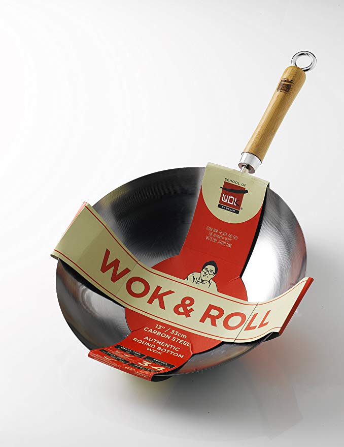 School of Wok - 'Wok & Roll' - 13"/33cm Carbon Steel Round Bottom Wok