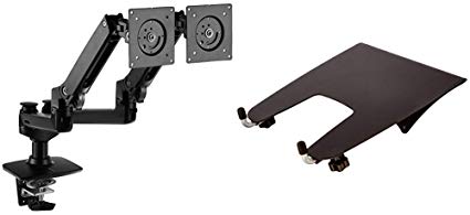 AmazonBasics Premium Dual Monitor Stand - Lift Engine Arm Mount, Aluminum - Black Bundle with AmazonBasics Notebook Laptop Stand Arm Mount Tray