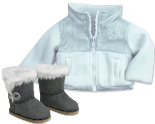 American Doll Jacket & Button Doll Boots in Suede Style & Fur Trim, 2 Pc. Set Fits 18 Inch Dolls. Stylish White/Gray Nylon/Fleece 18 Inch Doll Jacket & Gray Ewe Boots Doll Accessories