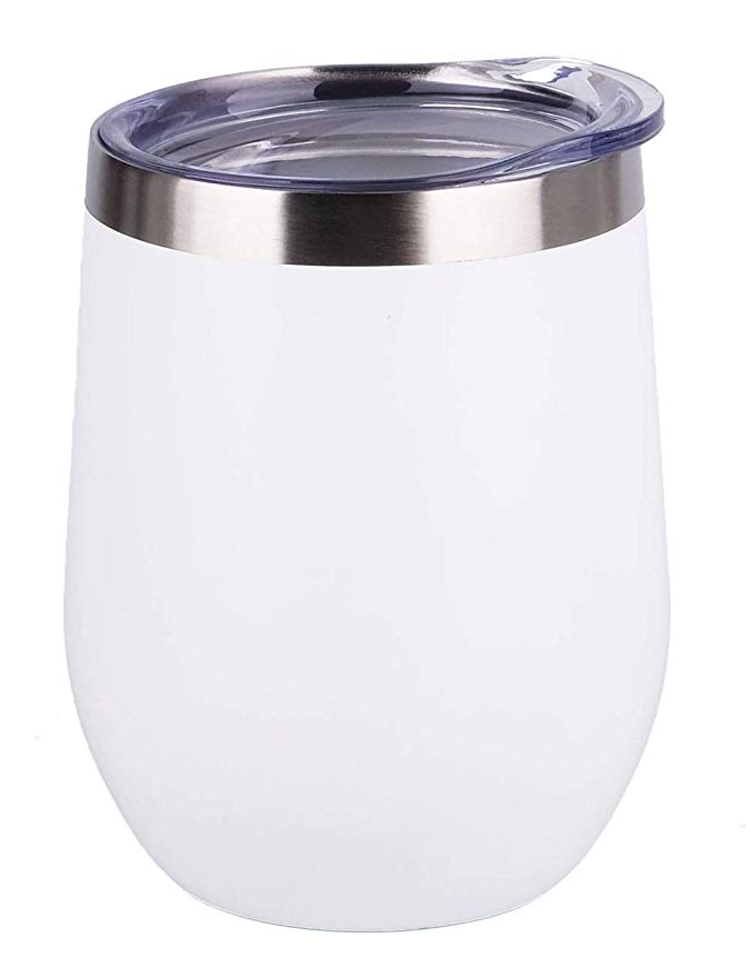 SUNWILL Insulated Wine Tumbler with Lid (White), Stemless Stainless Steel Insulated Wine Glass 12oz, Double Wall Durable Coffee Mug, for Champaign, Cocktail, Beer, Office use