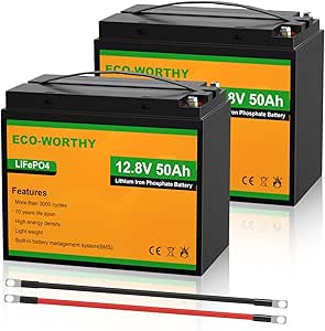 ECO-WORTHY (2 pack) 12V 50AH Lithium Trolling Motor Battery LiFePO4 Rechargeable with BMS, Up to 15000  Deep Cycles, Replacement of 55AH 75AH 100AH Lead-acid Battery, Group 22NF, Group 31