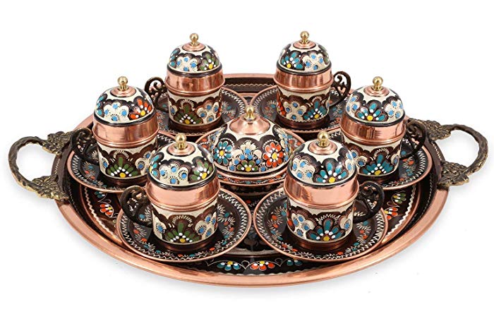 Traditional Design Handmade Copper Turkish Arabic Armenian Greek Coffee Set Espresso Set Coffee Cup Tea Set for Six-(CS6-118)