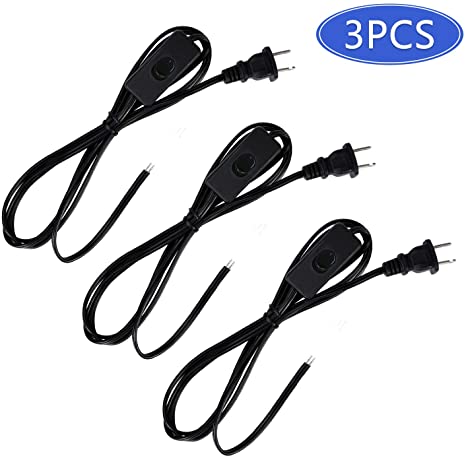Aplstar Lamp Cord Set with Molded Plug Button Switch, Stripped Ends Lamp Cord for Wiring, 6 Feet Length, Black (3PACK)